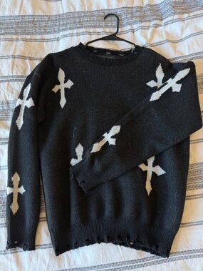 Chrome Hearts Style Black Crewneck Sweater with White Cross Motif